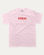 Sybau graphic tee with bold and humorous print, funny and trendy graphic. Perfect for adults and gift-giving. Pink shirt.