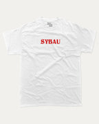 Sybau graphic tee with bold and humorous print, funny and trendy graphic. Perfect for adults and gift-giving. White shirt.