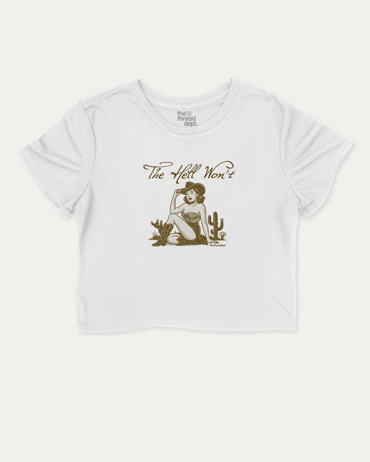 The Hell Won't cute and trendy crop tee with western graphic, perfect for women. A must-have cropped aesthetic shirt, ideal for daily outfits and casual days. White crop tee