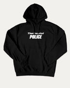 Thermostat Police graphic hoodie with funny and trendy meme artwork, casual streetwear with bold personality. Great for adults and gifting. Black hoodie.