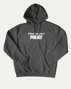 Thermostat Police graphic hoodie with funny and trendy meme artwork, casual streetwear with bold personality. Great for adults and gifting. Charcoal Heather hoodie.