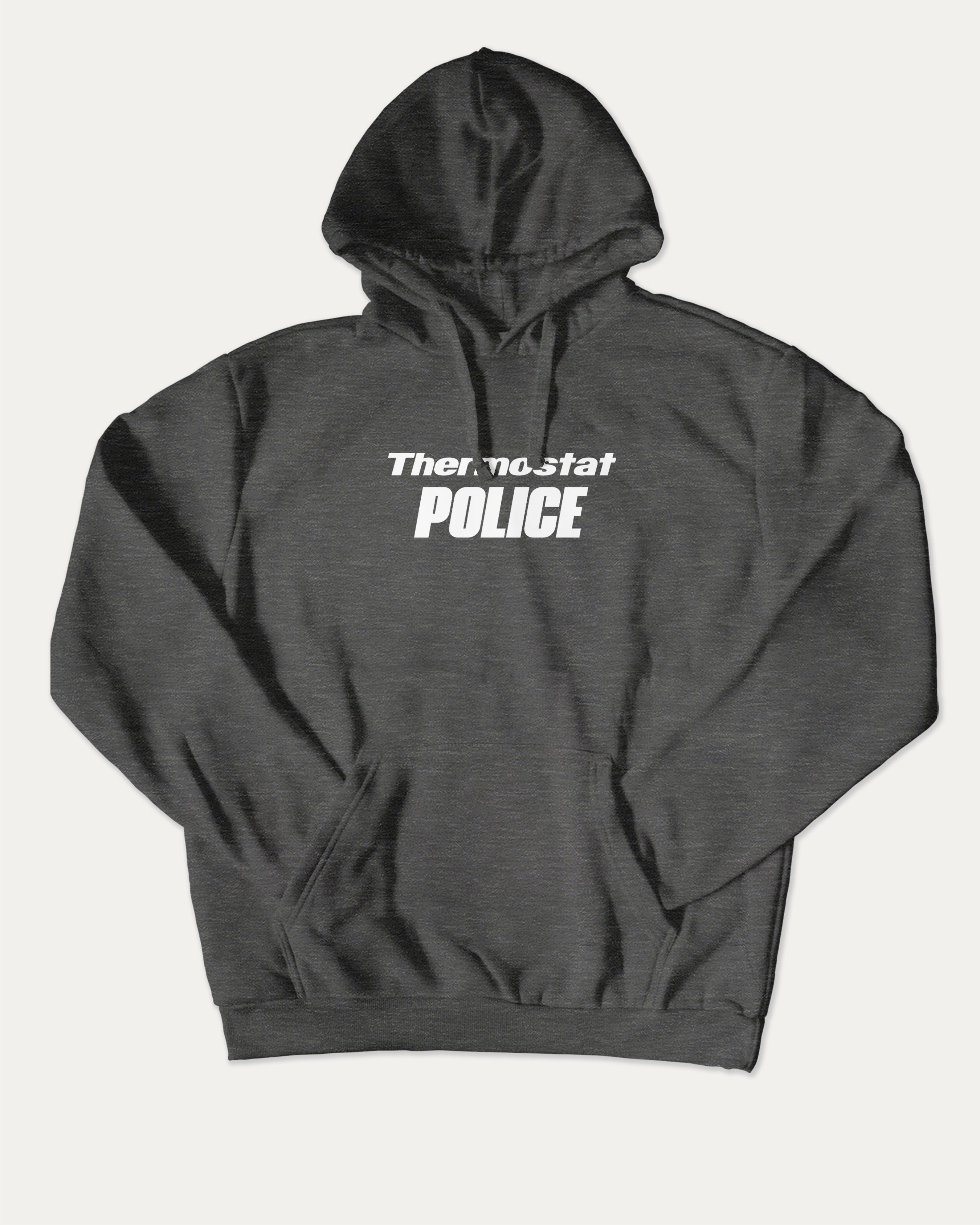Thermostat Police graphic hoodie with funny and trendy meme artwork, casual streetwear with bold personality. Great for adults and gifting. Charcoal Heather hoodie.