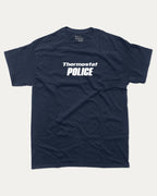Thermostat Police graphic tee with bold and humorous print, frendy meme graphic. Perfect for adults and gift-giving. True Navy shirt.