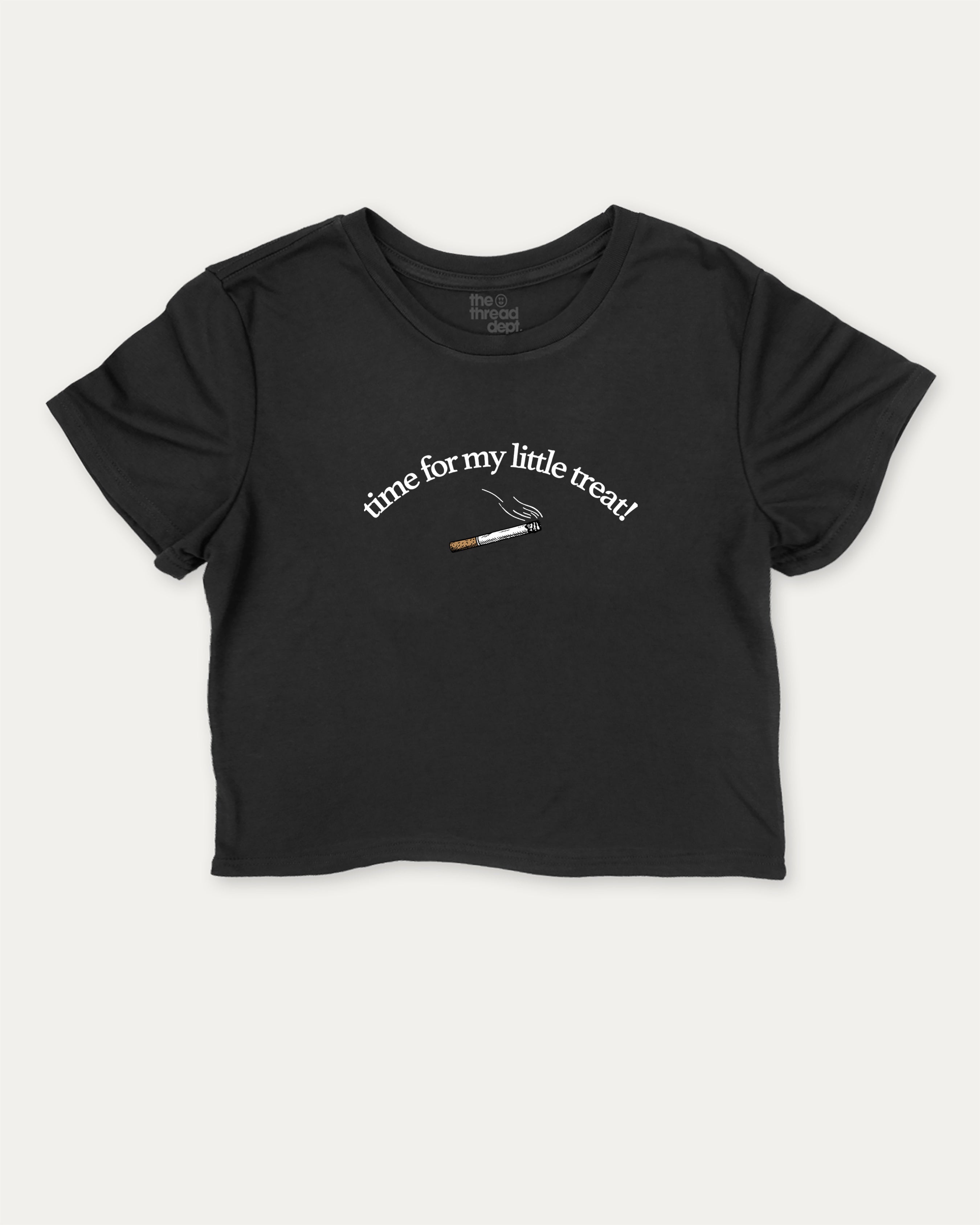 Time For My Little Treat graphic crop tee with funny and trendy slogan print, perfect for women_ casual looks or layering. Black crop t-shirt.