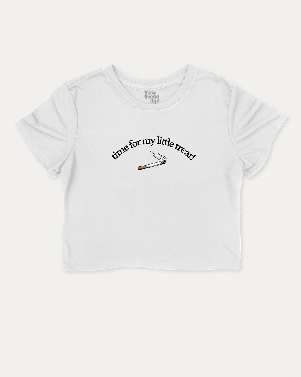 Time For My Little Treat graphic crop tee with funny and trendy slogan print, perfect for women_ casual looks or layering. White crop t-shirt.