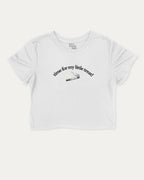Time For My Little Treat graphic crop tee with funny and trendy slogan print, perfect for women_ casual looks or layering. White crop t-shirt.