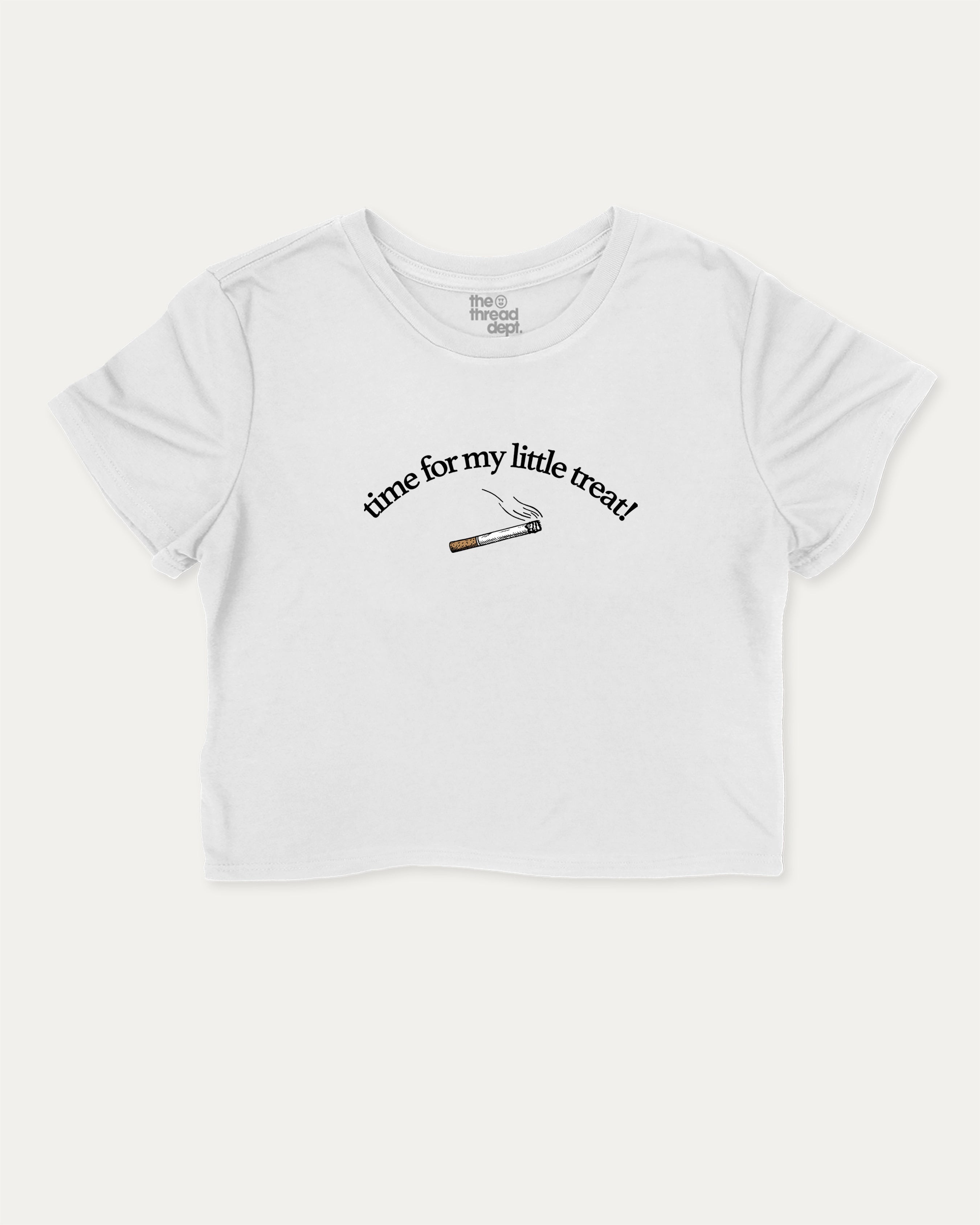 Time For My Little Treat graphic crop tee with funny and trendy slogan print, perfect for women_ casual looks or layering. White crop t-shirt.