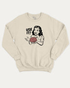 Use Your Brain graphic sweatshirt with retro 70s and humorous print, warm and cozy graphic for everyday wear. Perfect for adults and gift-giving. Natural pullover.