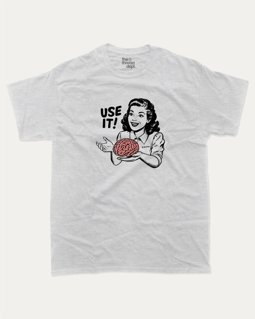Use Your Brain graphic tee with retro 70s and humorous print, funny and trendy graphic. Perfect for adults and gift-giving. Ash Grey shirt.