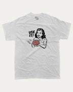 Use Your Brain graphic tee with retro 70s and humorous print, funny and trendy graphic. Perfect for adults and gift-giving. Ash Grey shirt.