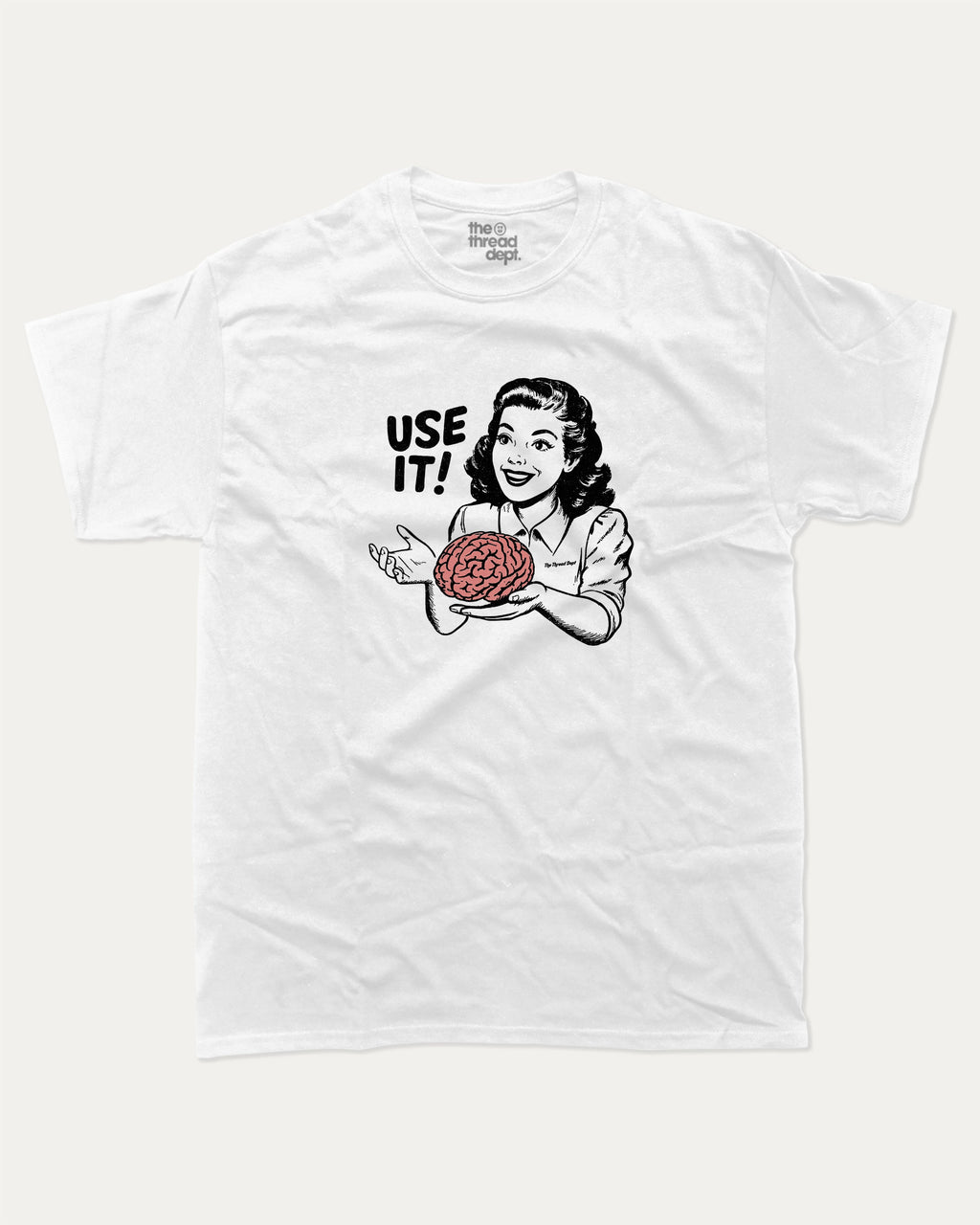 Use Your Brain graphic tee with retro 70s and humorous print, funny and trendy graphic. Perfect for adults and gift-giving. White shirt.