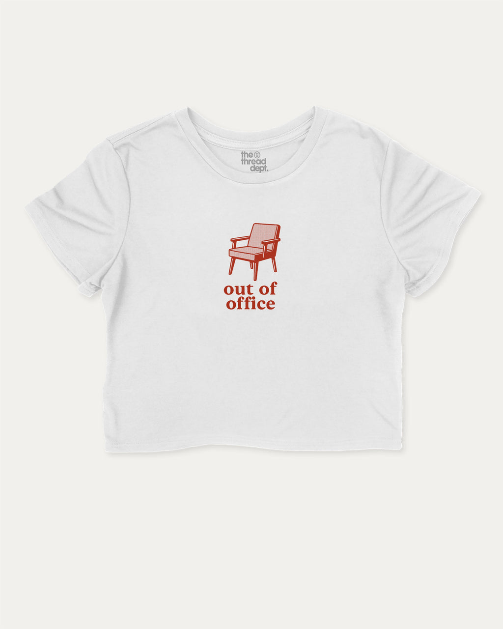 Vintage Out Of Office graphic crop tee with funny and trendy slogan print, perfect for women_ casual looks or layering. White crop t-shirt.