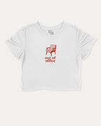 Vintage Out Of Office graphic crop tee with funny and trendy slogan print, perfect for women_ casual looks or layering. White crop t-shirt.