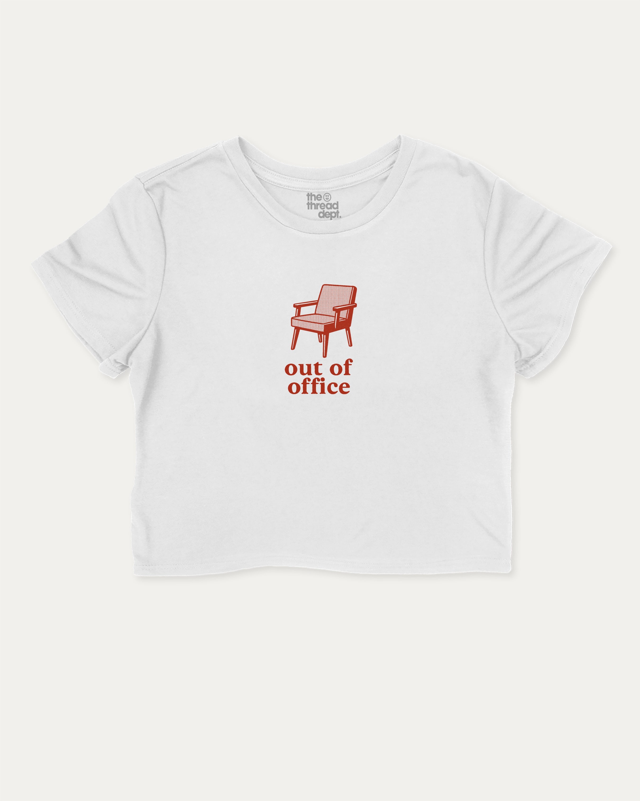 Vintage Out Of Office graphic crop tee with funny and trendy slogan print, perfect for women_ casual looks or layering. White crop t-shirt.