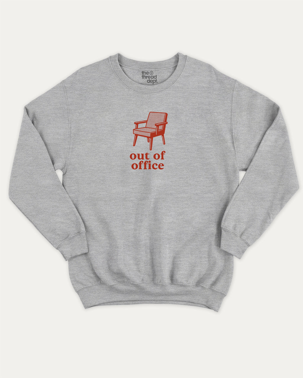 Vintage Out Of Office graphic sweatshirt with bold and humorous print, warm and cozy graphic for everyday wear. Perfect for adults and gift-giving. Heather Grey pullover.