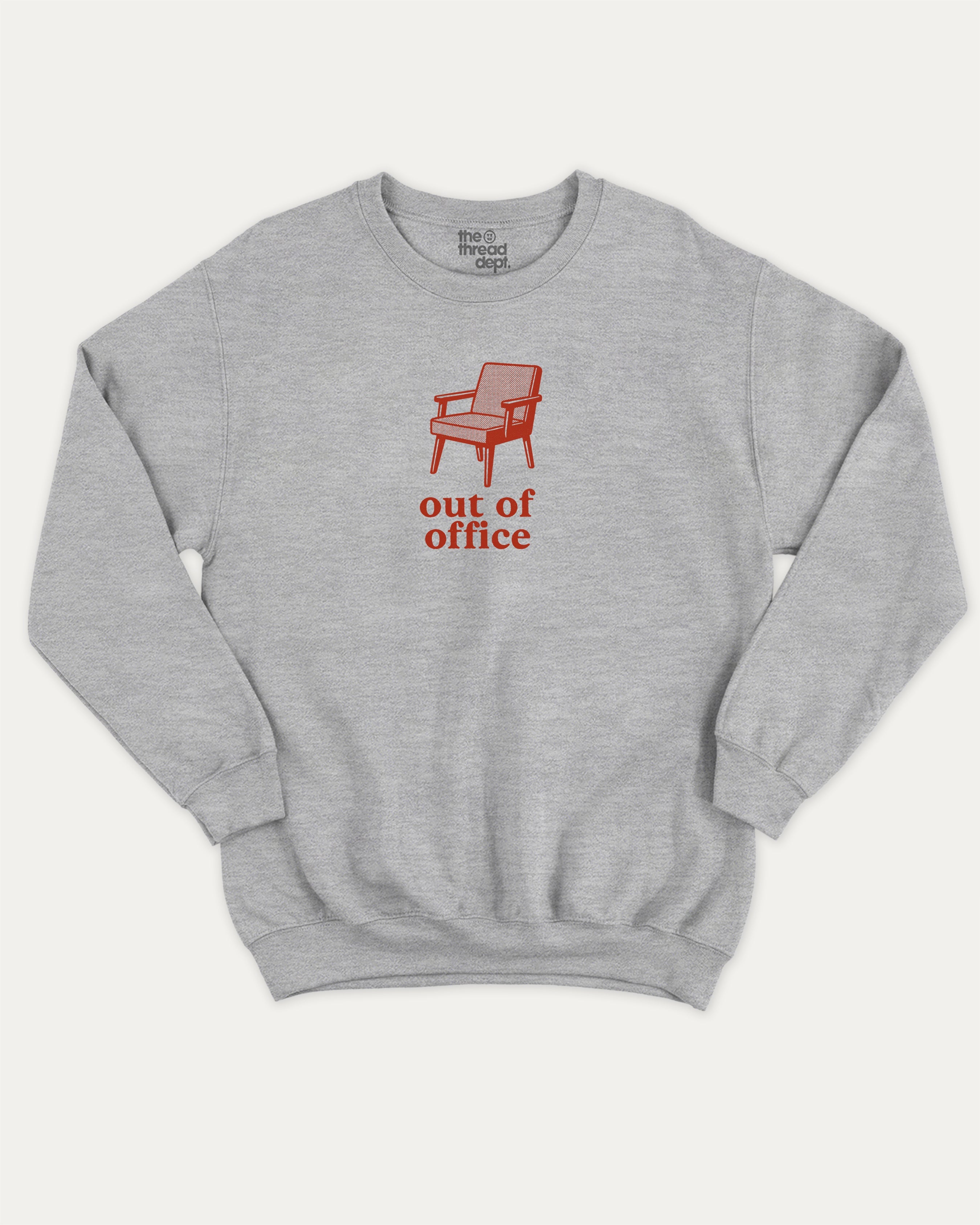 Vintage Out Of Office graphic sweatshirt with bold and humorous print, warm and cozy graphic for everyday wear. Perfect for adults and gift-giving. Heather Grey pullover.