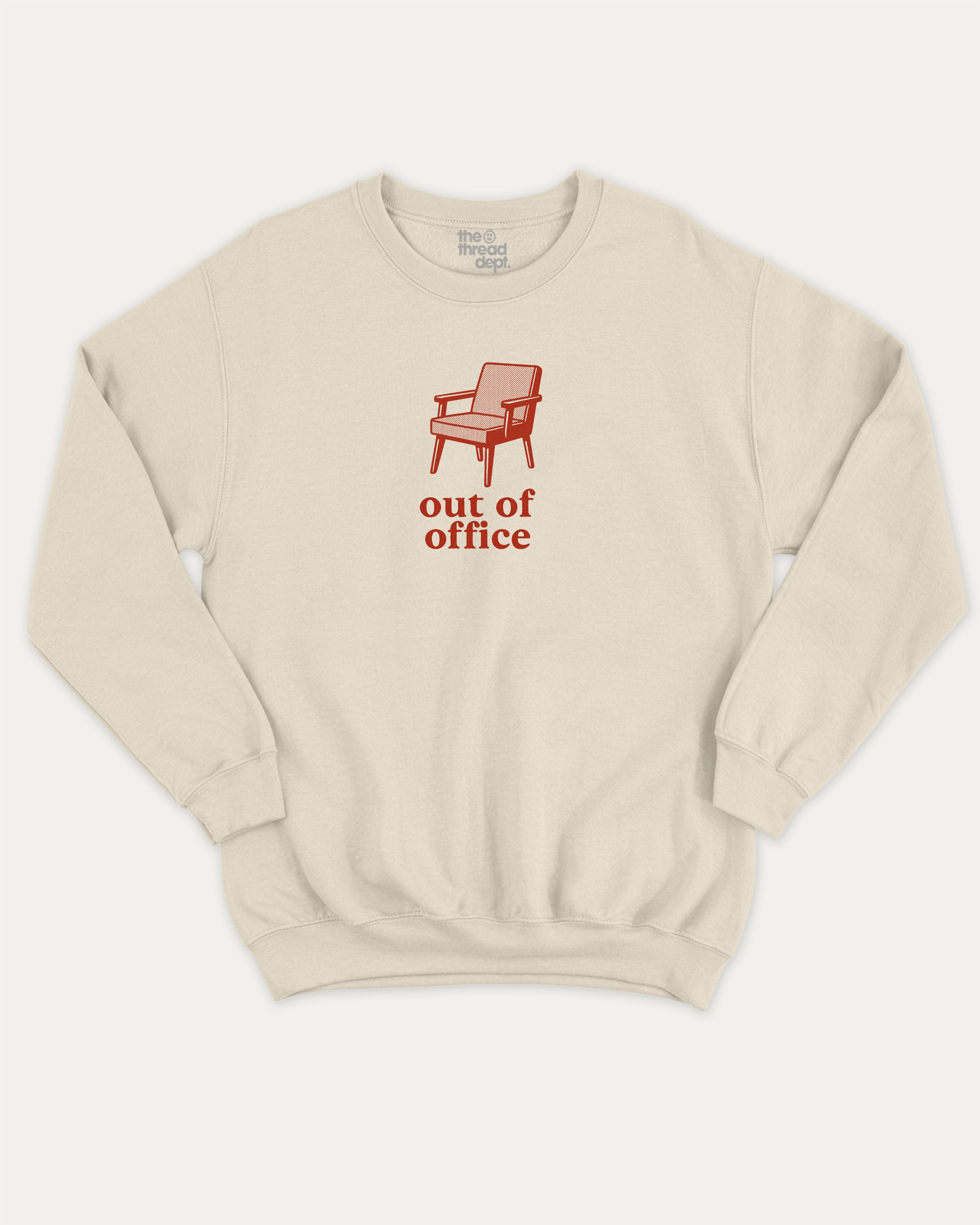 Vintage Out Of Office graphic sweatshirt with bold and humorous print, warm and cozy graphic for everyday wear. Perfect for adults and gift-giving. Natural pullover.