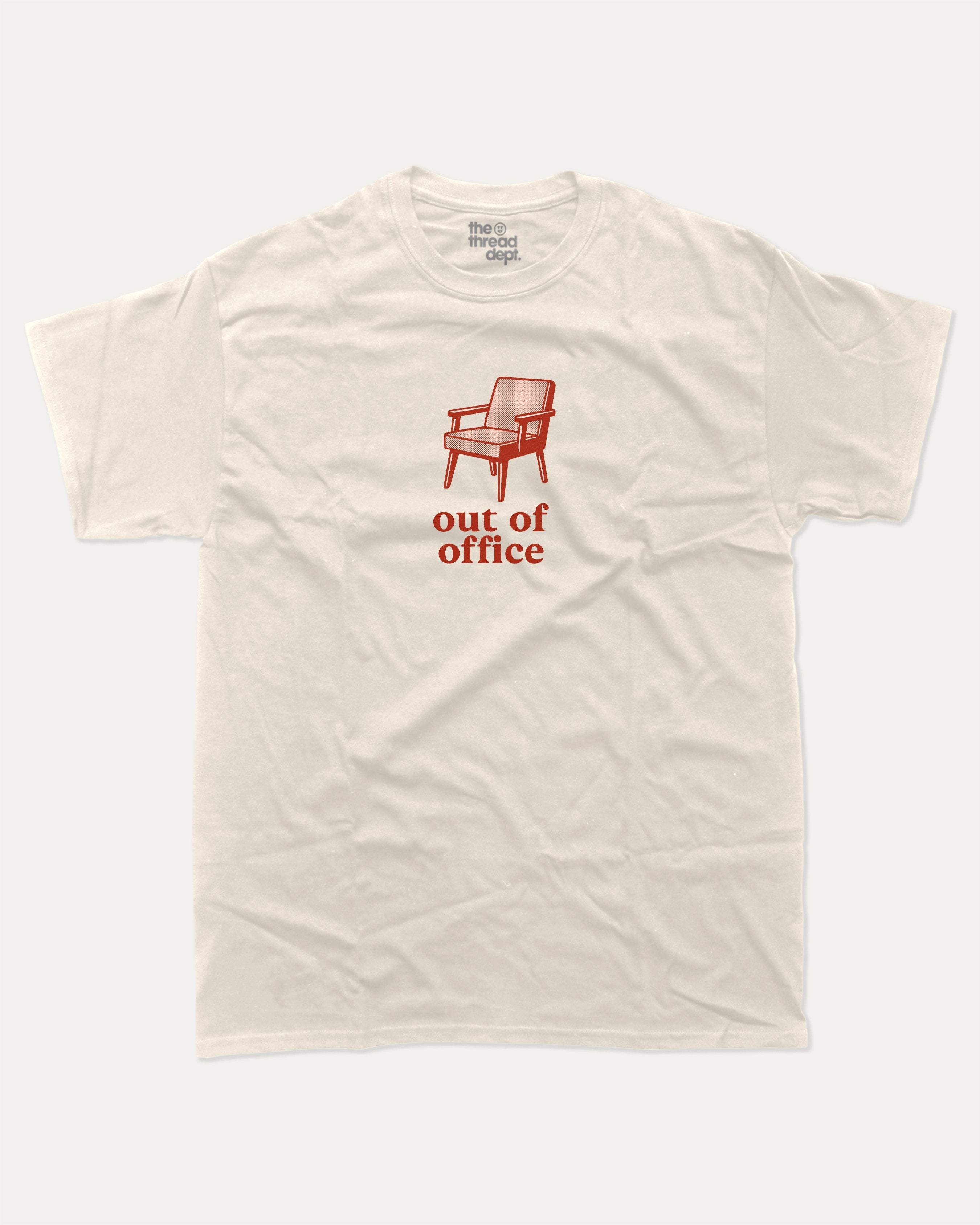 Vintage Out Of Office graphic tee with bold and humorous print, funny and trendy graphic. Perfect for adults and gift-giving. Cream shirt.