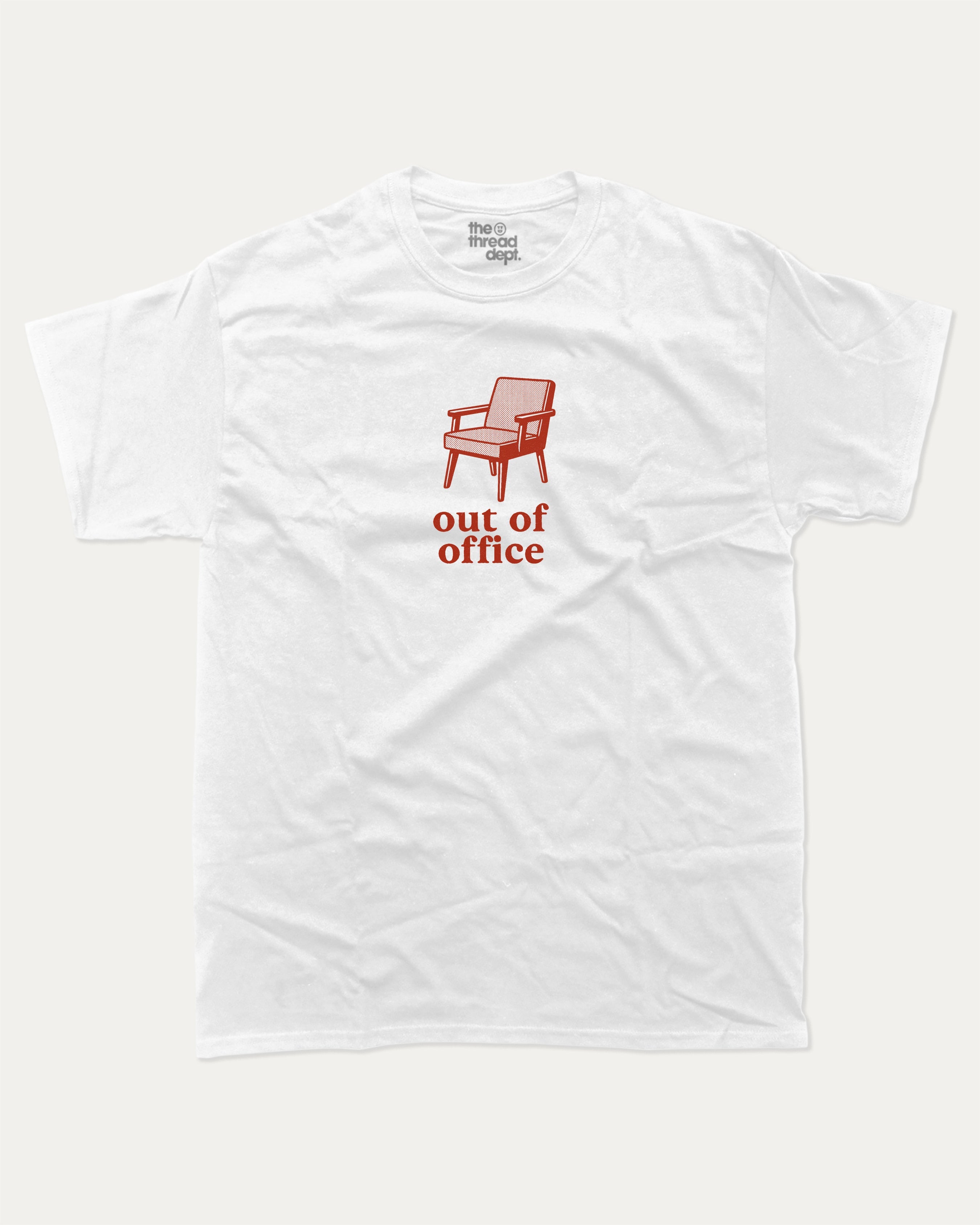 Vintage Out Of Office graphic tee with bold and humorous print, funny and trendy graphic. Perfect for adults and gift-giving. White shirt.