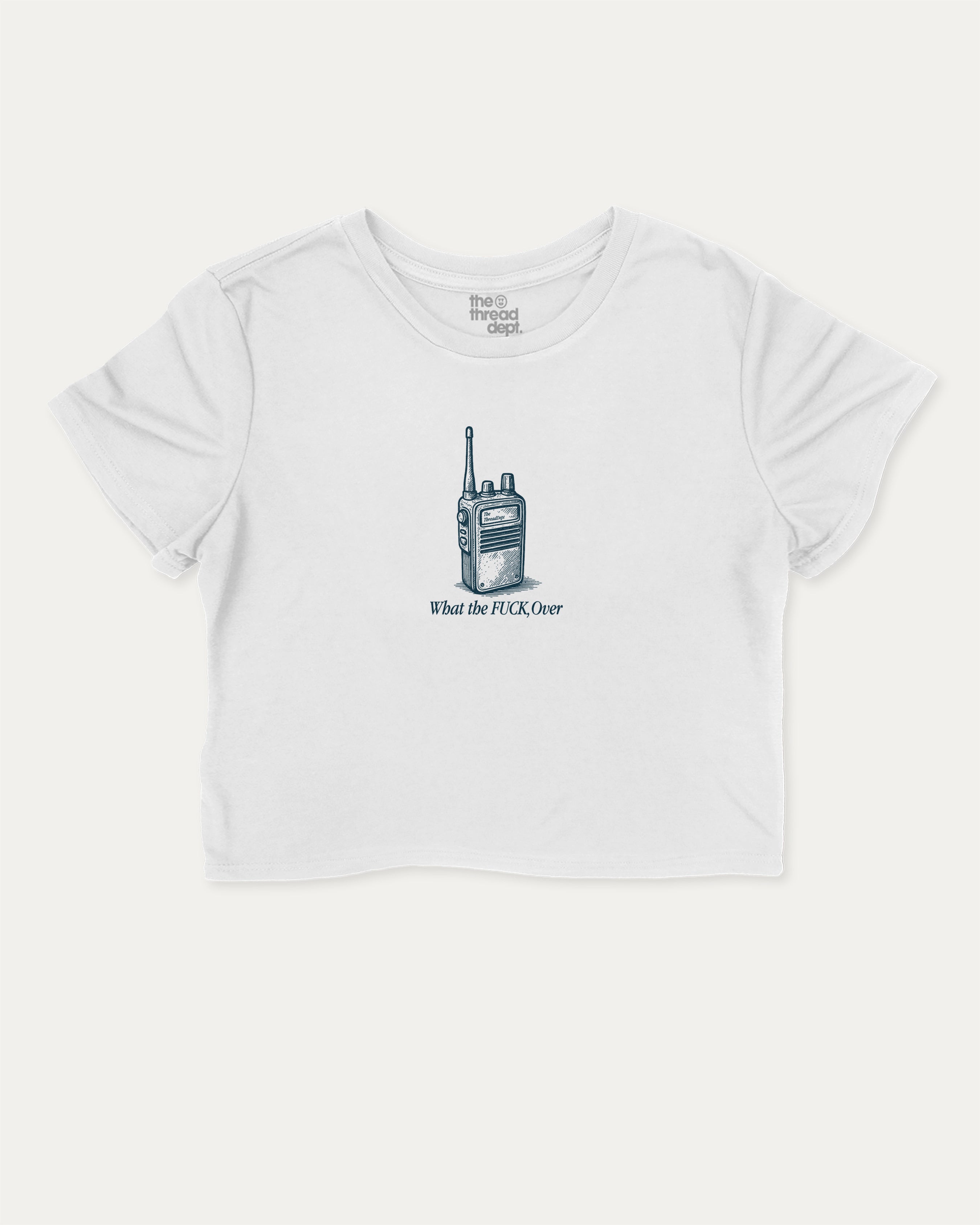 What The Fuck Over graphic crop tee with funny and trendy slogan print, perfect for women_ casual looks or layering. White crop t-shirt.