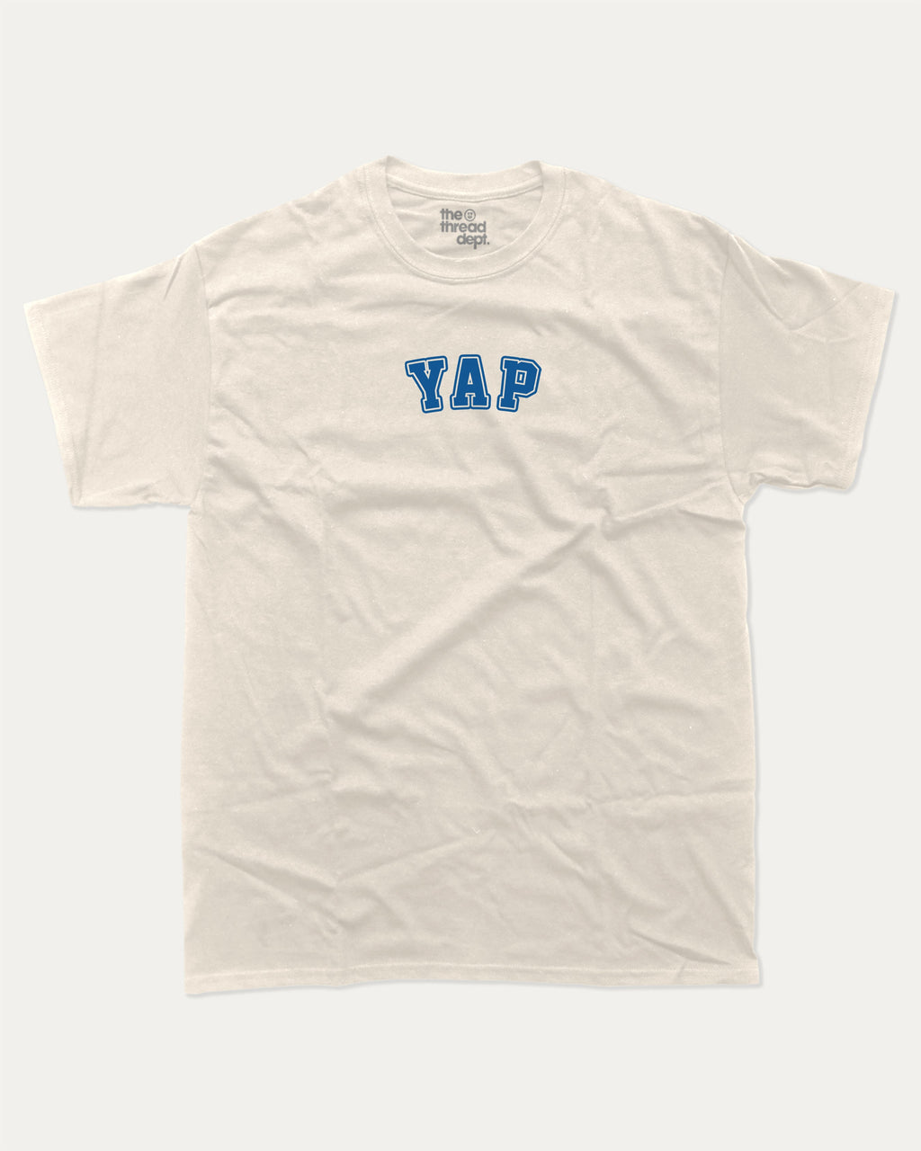 YAP graphic tee with bold and humorous print, funny and trendy graphic. Perfect for adults and gift-giving. Cream shirt.