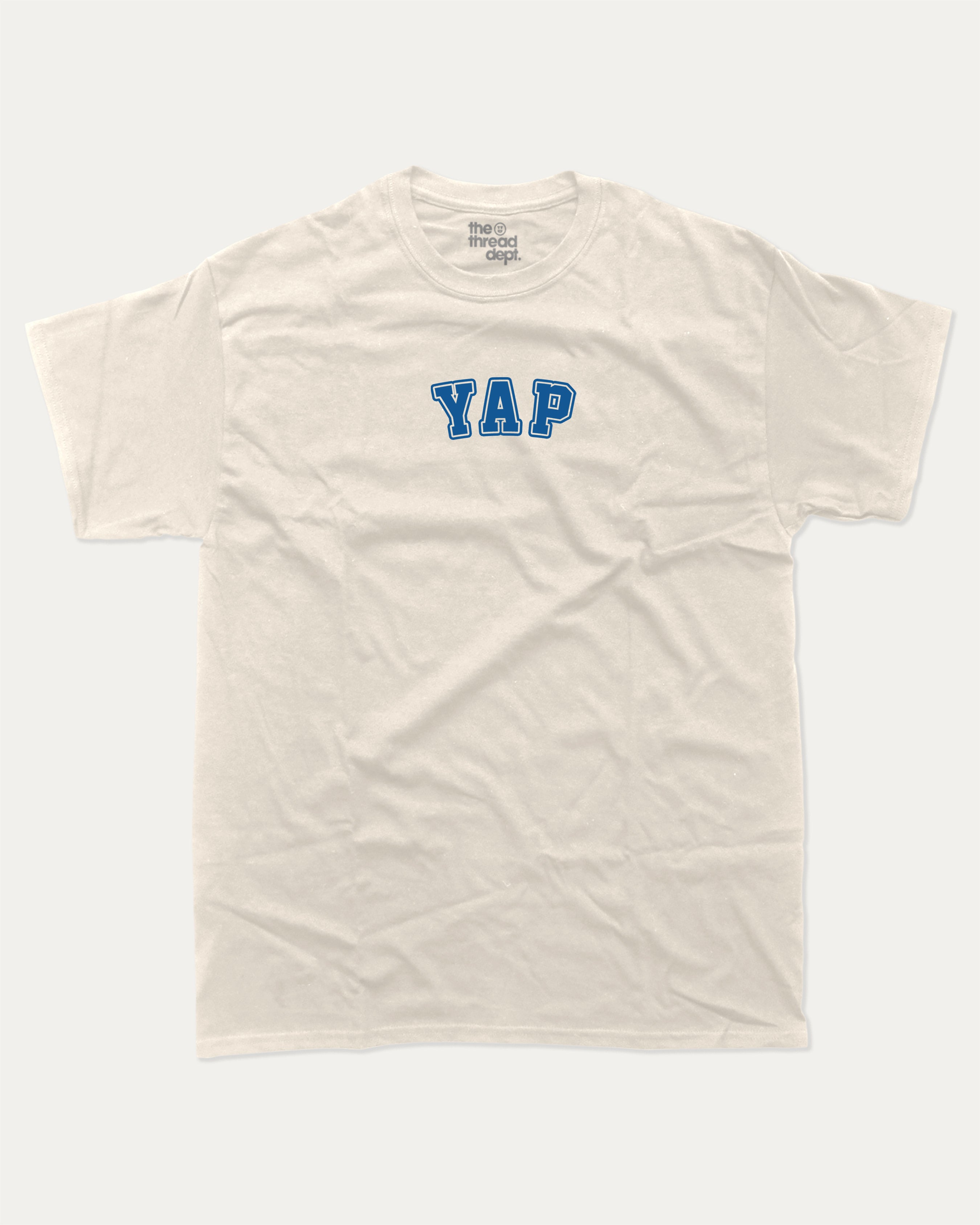 YAP graphic tee with bold and humorous print, funny and trendy graphic. Perfect for adults and gift-giving. Cream shirt.