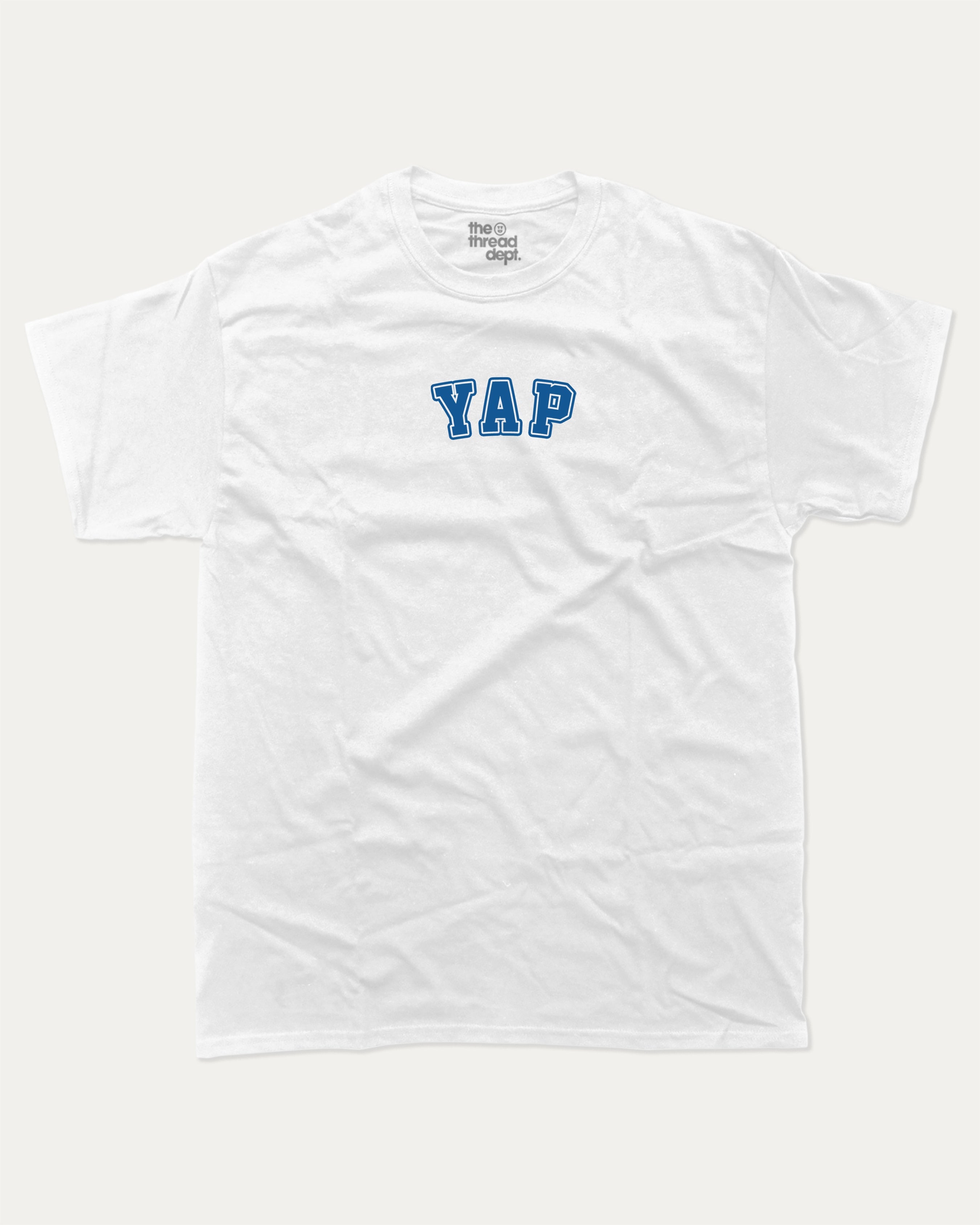 YAP graphic tee with bold and humorous print, funny and trendy graphic. Perfect for adults and gift-giving. White shirt.