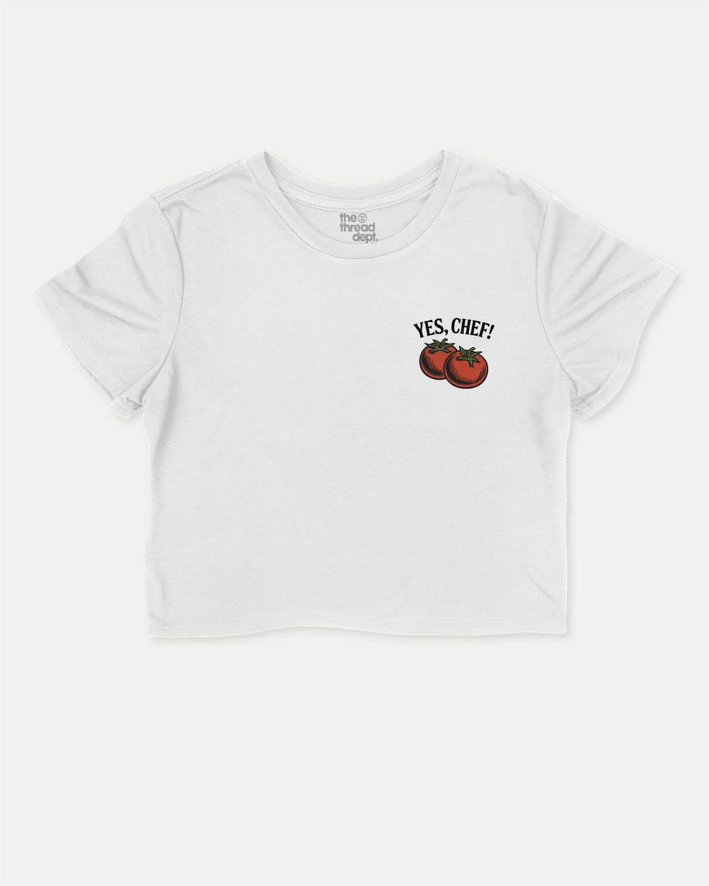Yes Chef graphic crop tee with funny and retro pocket size print, perfect for women_ casual looks or layering. White crop t-shirt.