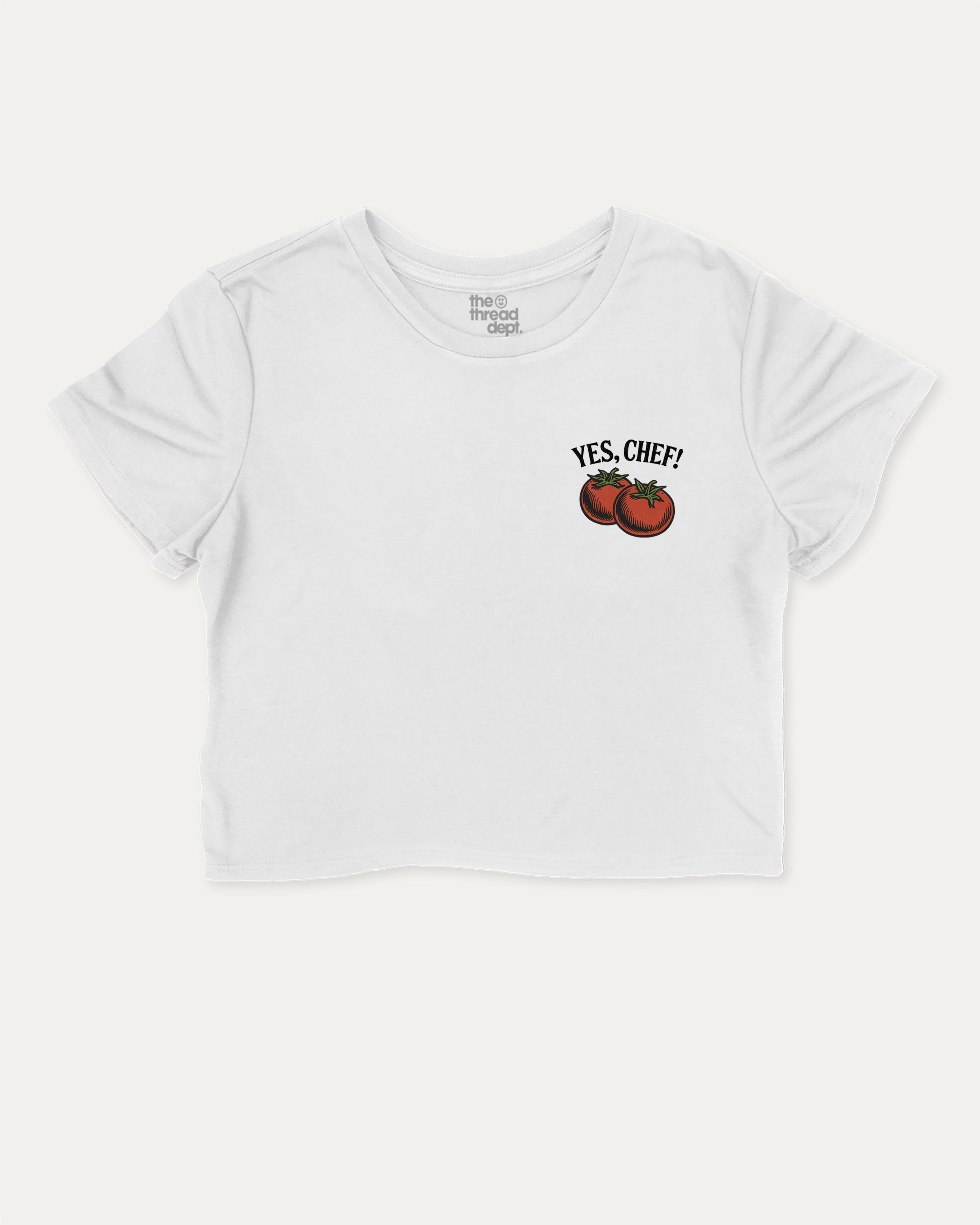 Yes Chef graphic crop tee with funny and retro pocket size print, perfect for women_ casual looks or layering. White crop t-shirt.