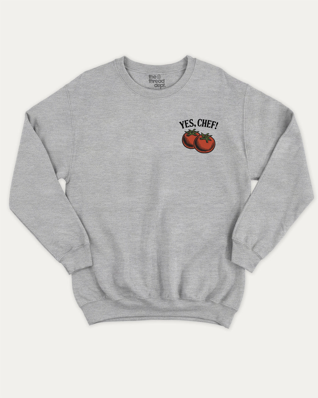 Yes Chef graphic sweatshirt with cute and humorous print, warm and cozy graphic for everyday wear. Perfect for adults and gift-giving. Heather Grey pullover.