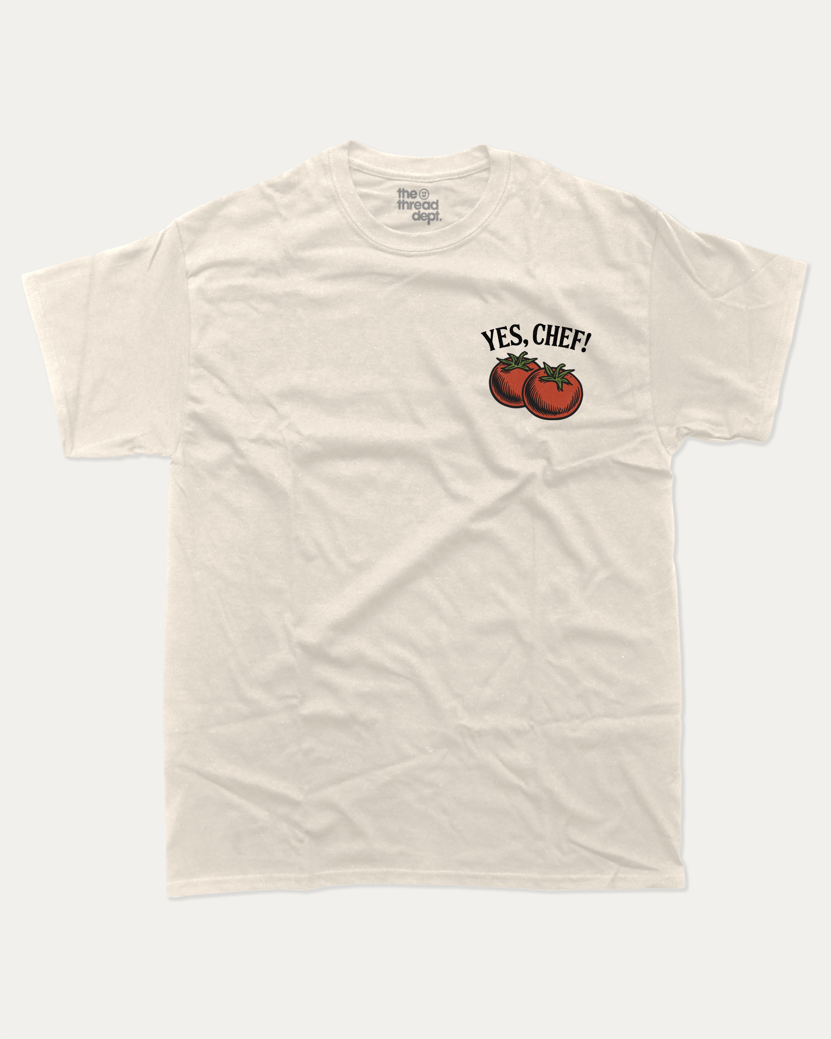 Yes Chef graphic tee with cute and humorous print, funny and trendy graphic. Perfect for adults and gift-giving. Cream shirt.