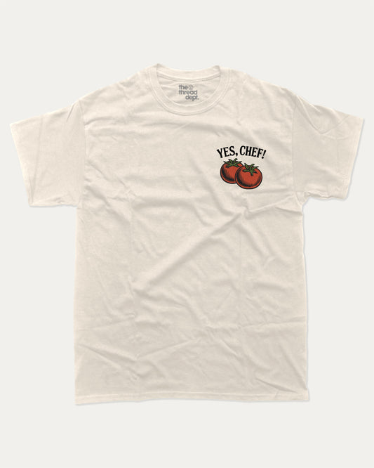 Yes Chef graphic tee with cute and humorous print, funny and trendy graphic. Perfect for adults and gift-giving. Cream shirt.
