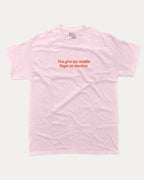 You give my middle finger an erection graphic tee with bold and humorous print, funny and trendy graphic. Perfect for adults and gift-giving. Pink shirt.