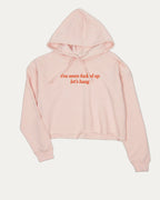You seem fucked up let's hang graphic crop hoodie with bold slogan print, stylish and playful design for women. Ideal for gifting and casual looks. Pink crop top..