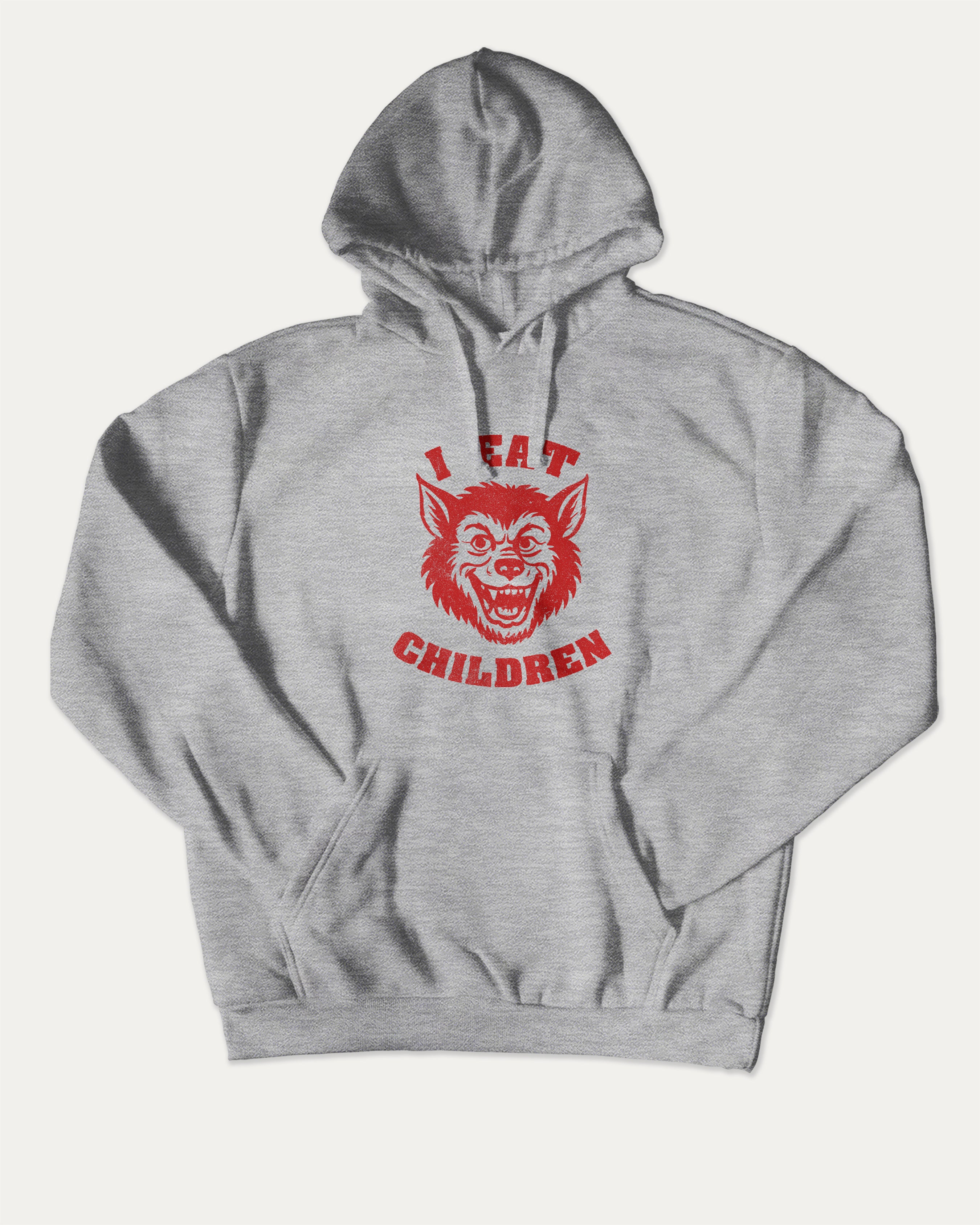I Eat Children graphic hoodie with retro and trendy artwork, casual streetwear with bold personality. Great for adults and gifting. Heather Grey hoodie.