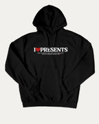 I Love Presents graphic hoodie with retro and trendy artwork, casual streetwear with bold personality. Great for adults and gifting. Black hoodie.