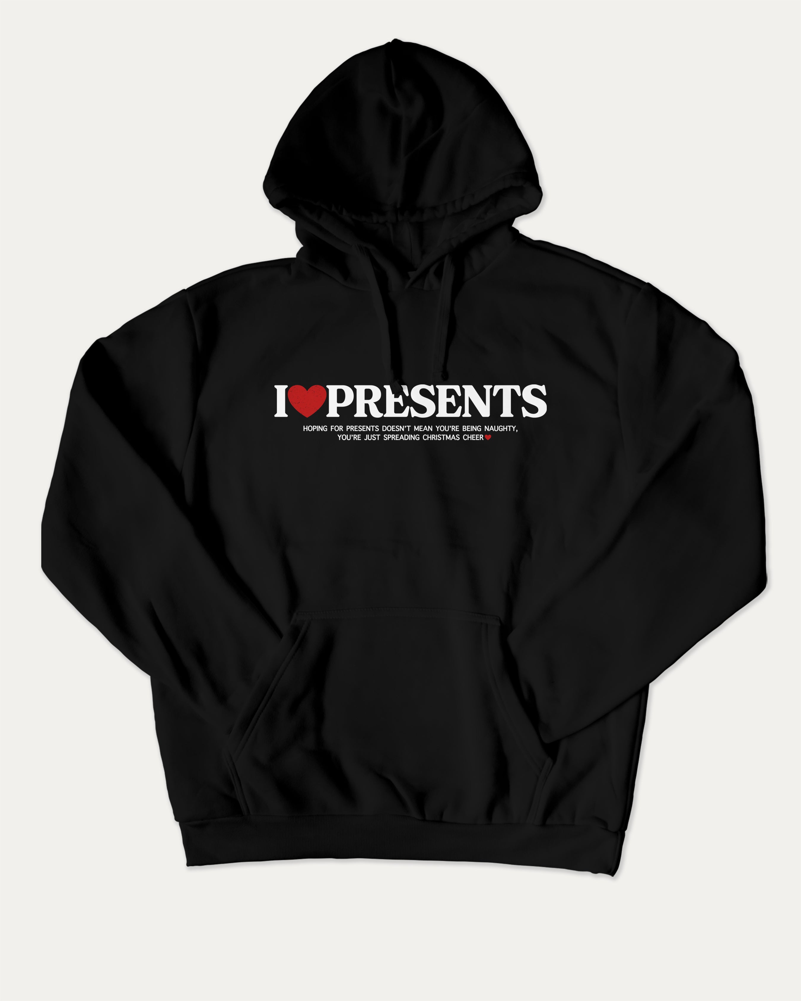 I Love Presents graphic hoodie with retro and trendy artwork, casual streetwear with bold personality. Great for adults and gifting. Black hoodie.