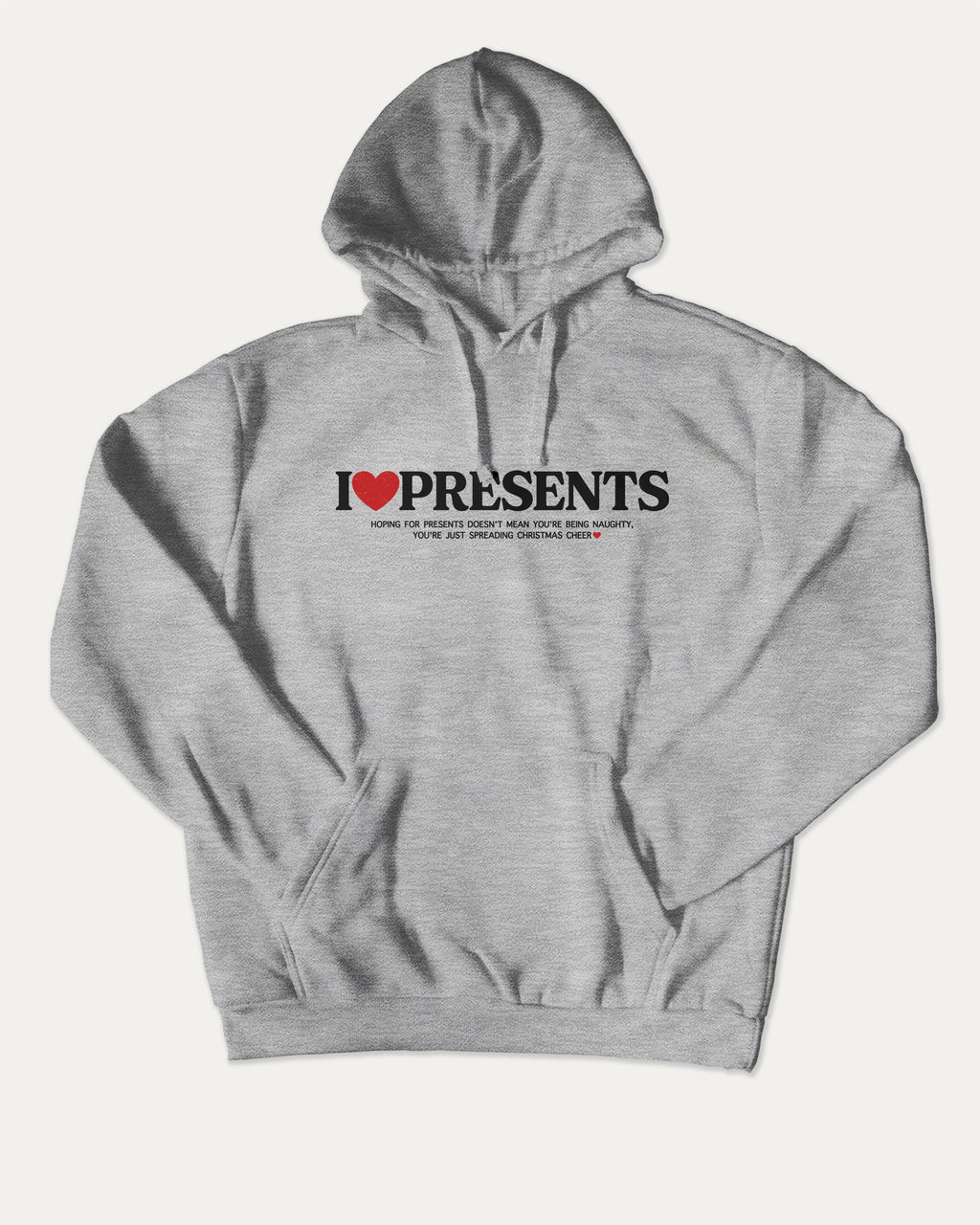 I Love Presents graphic hoodie with retro and trendy artwork, casual streetwear with bold personality. Great for adults and gifting. Heather Grey hoodie.
