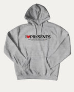 I Love Presents graphic hoodie with retro and trendy artwork, casual streetwear with bold personality. Great for adults and gifting. Heather Grey hoodie.