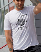 Person wearing a white t-shirt with a ramen graphic design.