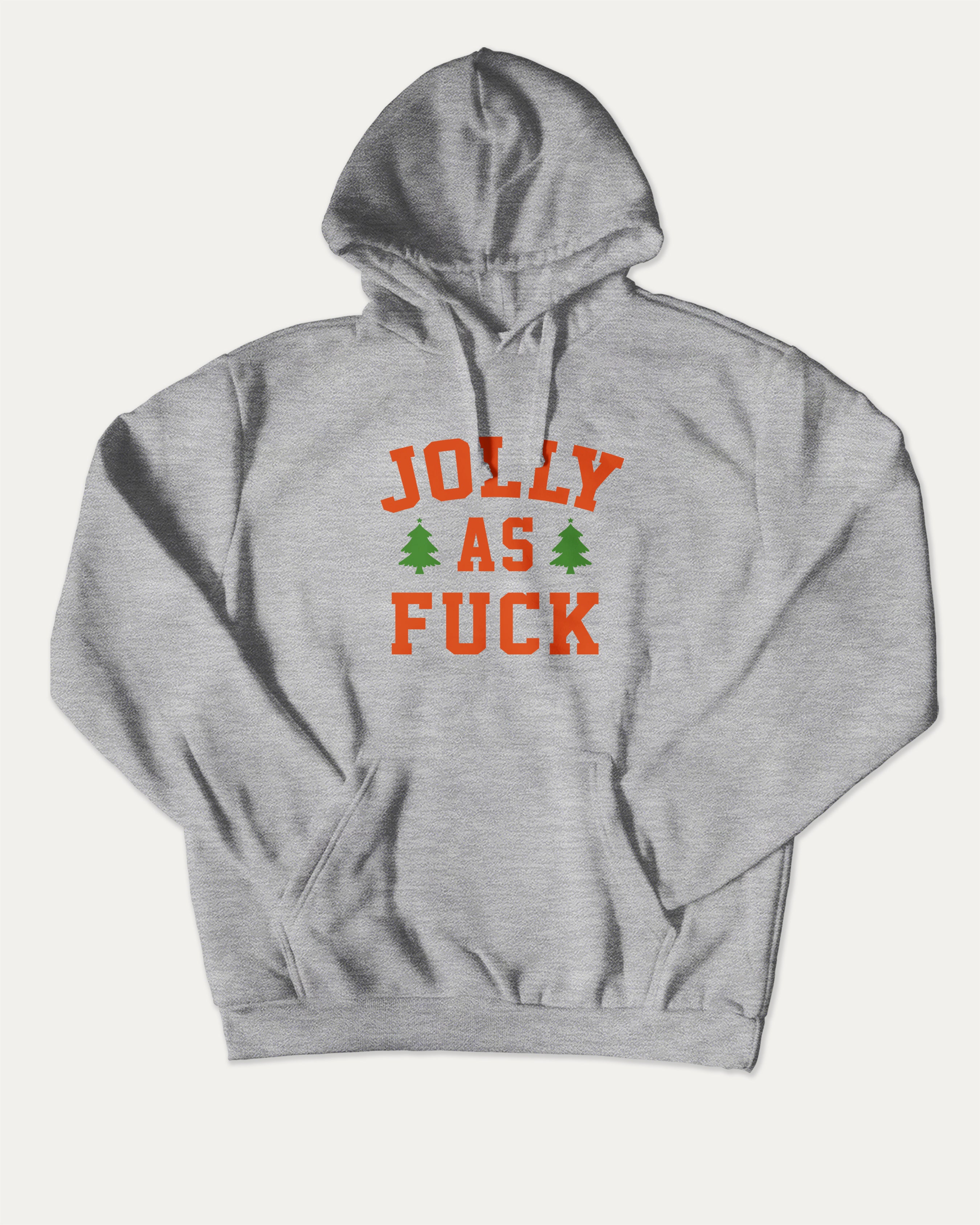 Jolly As Fuck graphic hoodie with retro and trendy artwork, casual streetwear with bold personality. Great for adults and gifting. Heather Grey hoodie.