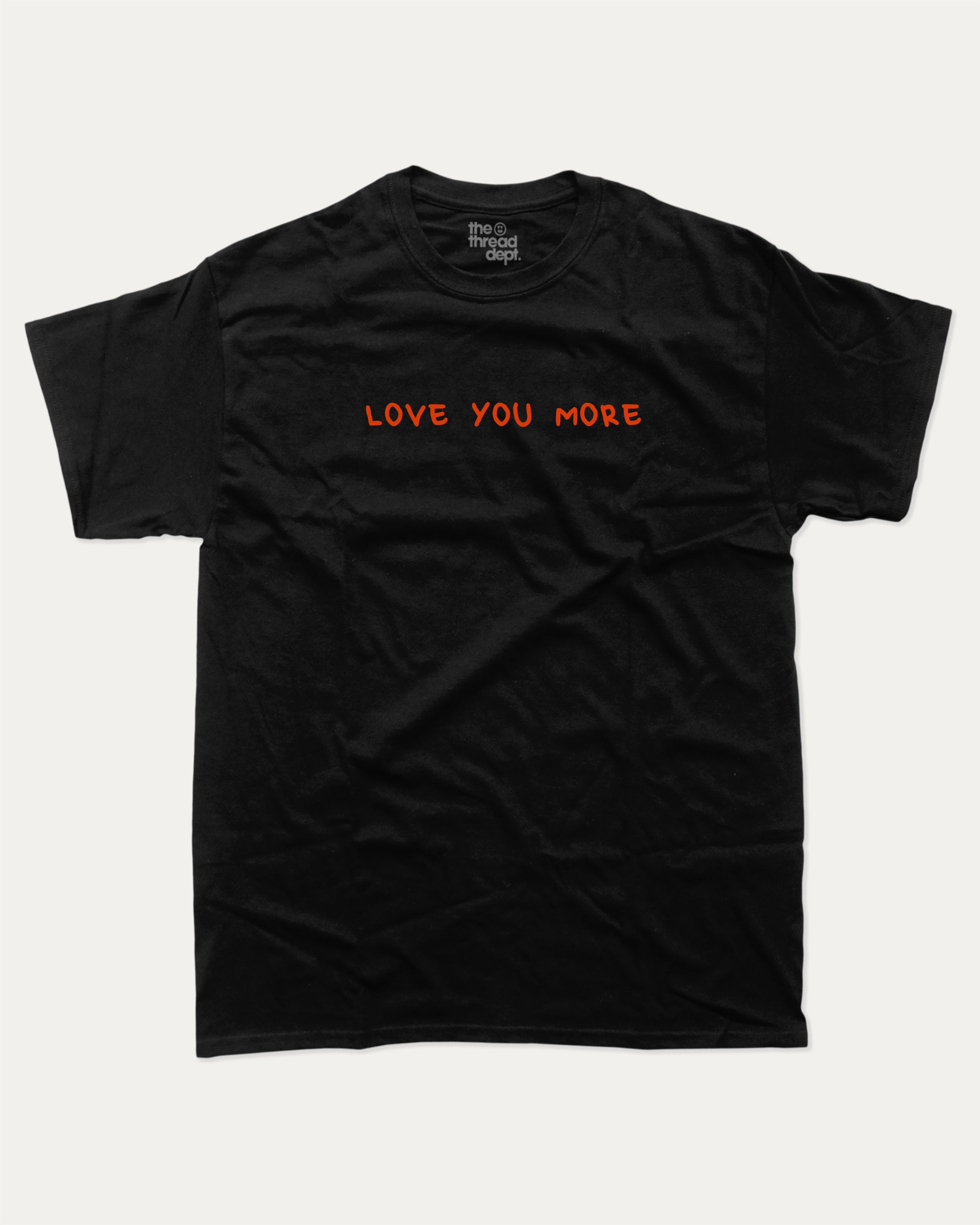 Love You More graphic tee with funny valentine print, trendy love graphic. Perfect for Valentine's Day gift-giving. Black shirt.