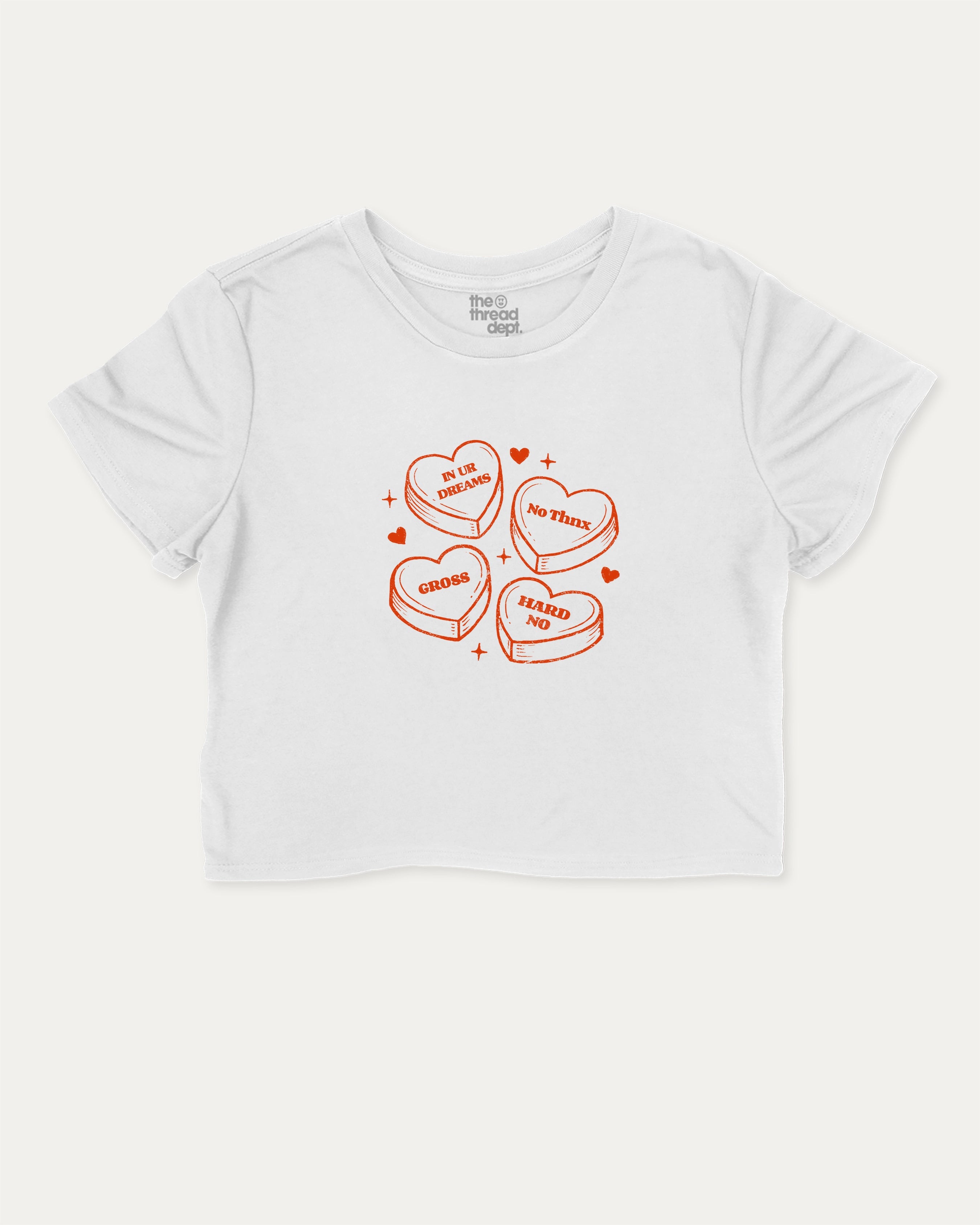 Sarcastic Candy Hearts graphic crop tee with funny and trendy slogan print, perfect for women’s casual looks or layering. White crop t-shirt.