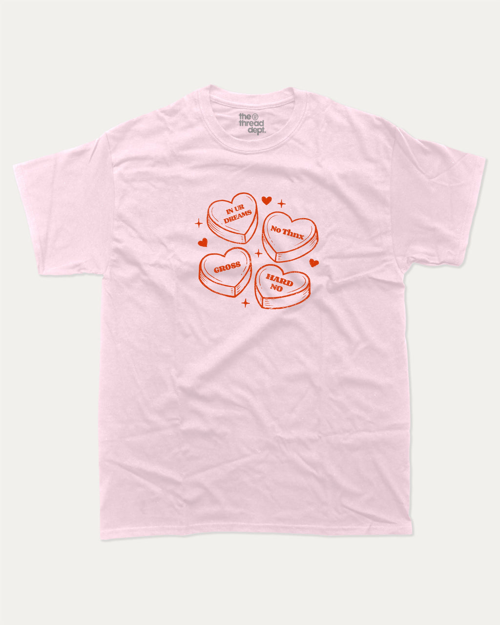 Sarcastic Candy Hearts graphic tee with funny valentine print, trendy love graphic. Perfect for Valentine's Day gift-giving. Pink shirt.