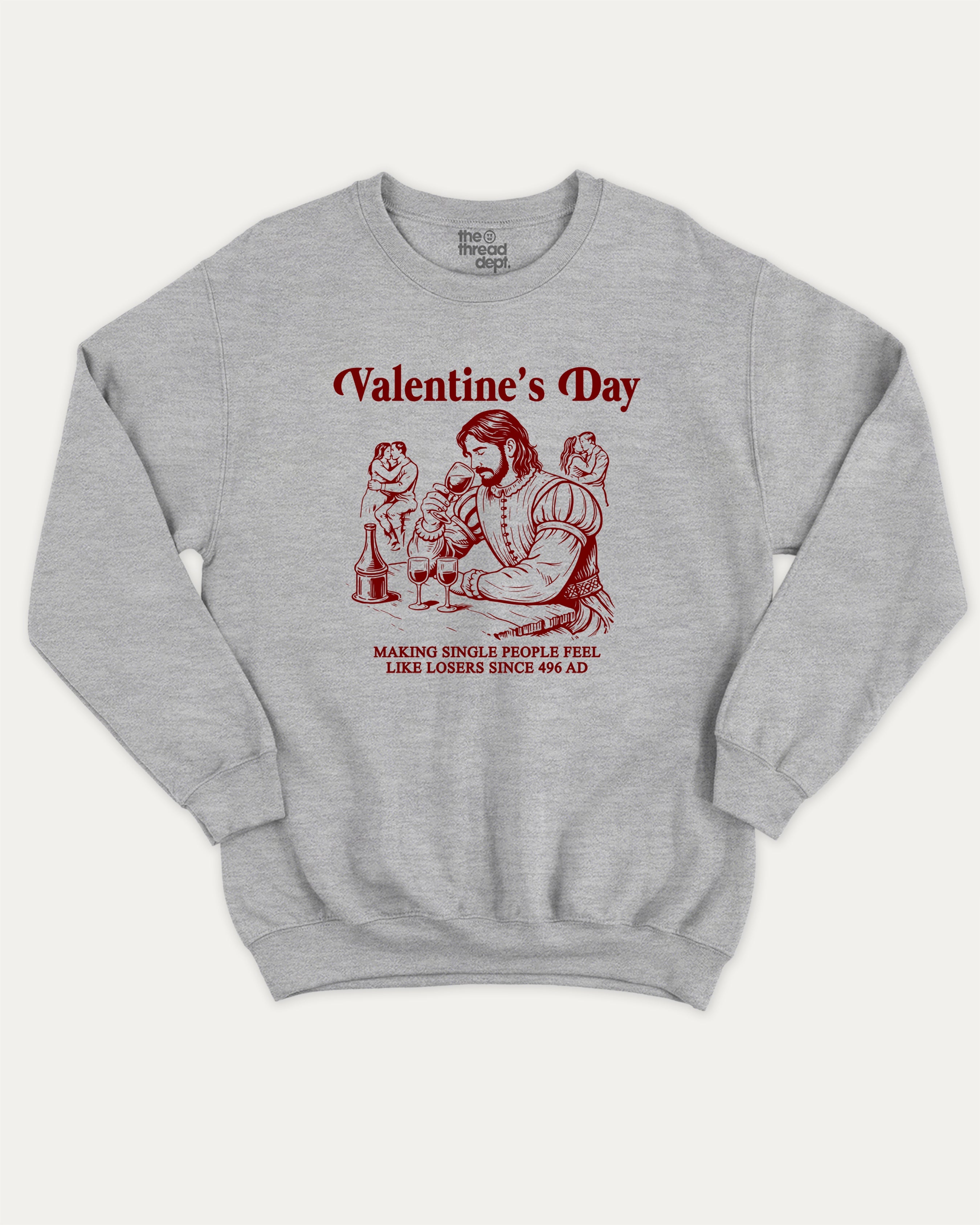 Valentine's Day graphic sweatshirt with bold and humorous print, warm and cozy graphic for everyday wear. Perfect for adults and gift-giving. Heather Grey pullover.