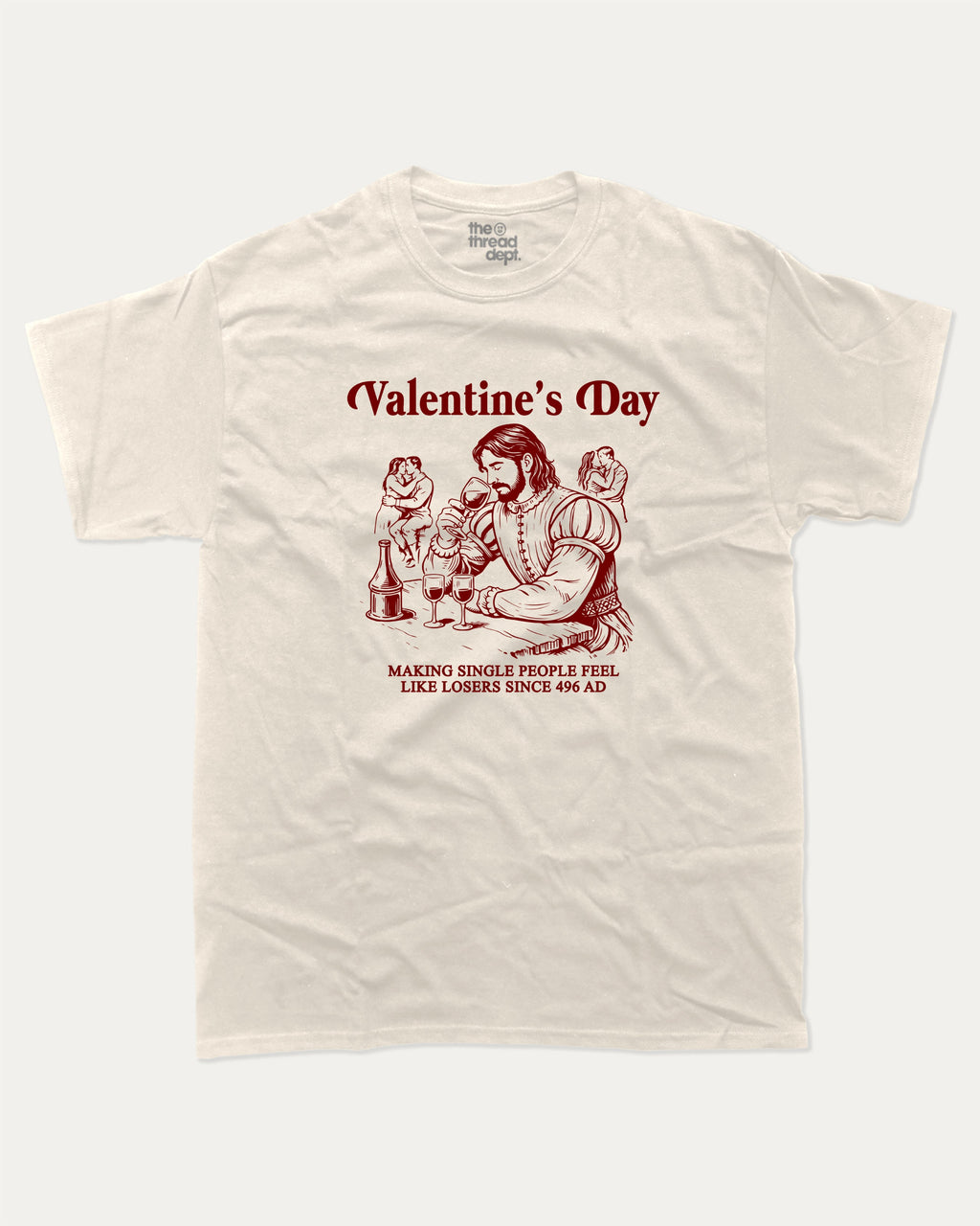 Valentine's Day graphic tee with funny valentine print, trendy love graphic. Perfect for Valentine's Day gift-giving. Cream shirt.