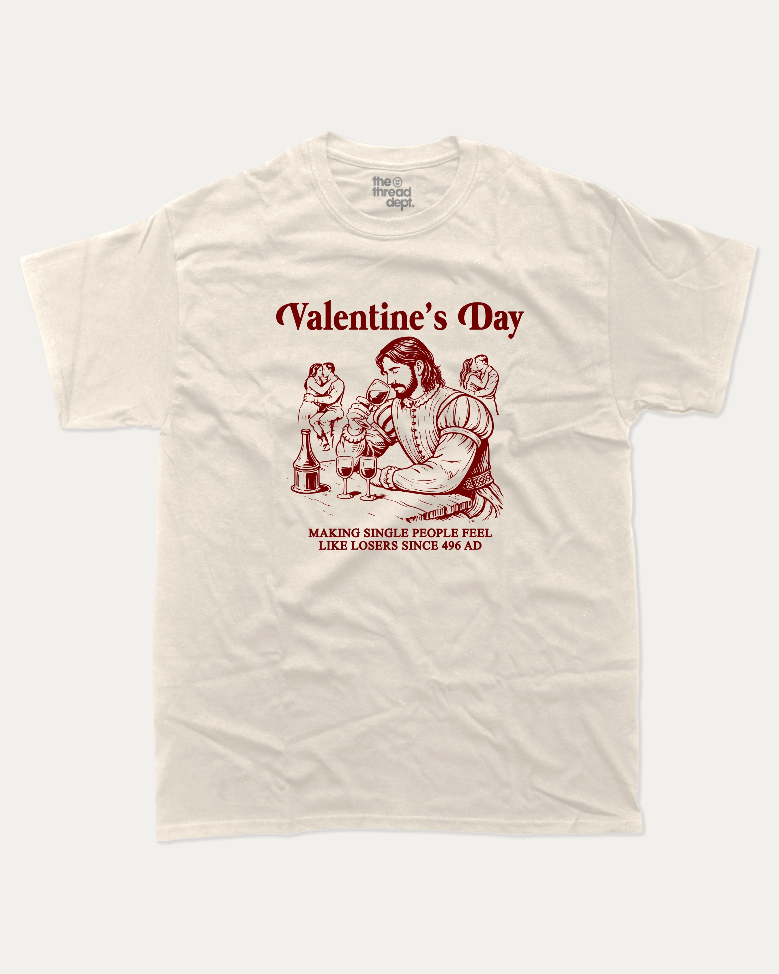 Valentine's Day graphic tee with funny valentine print, trendy love graphic. Perfect for Valentine's Day gift-giving. Cream shirt.