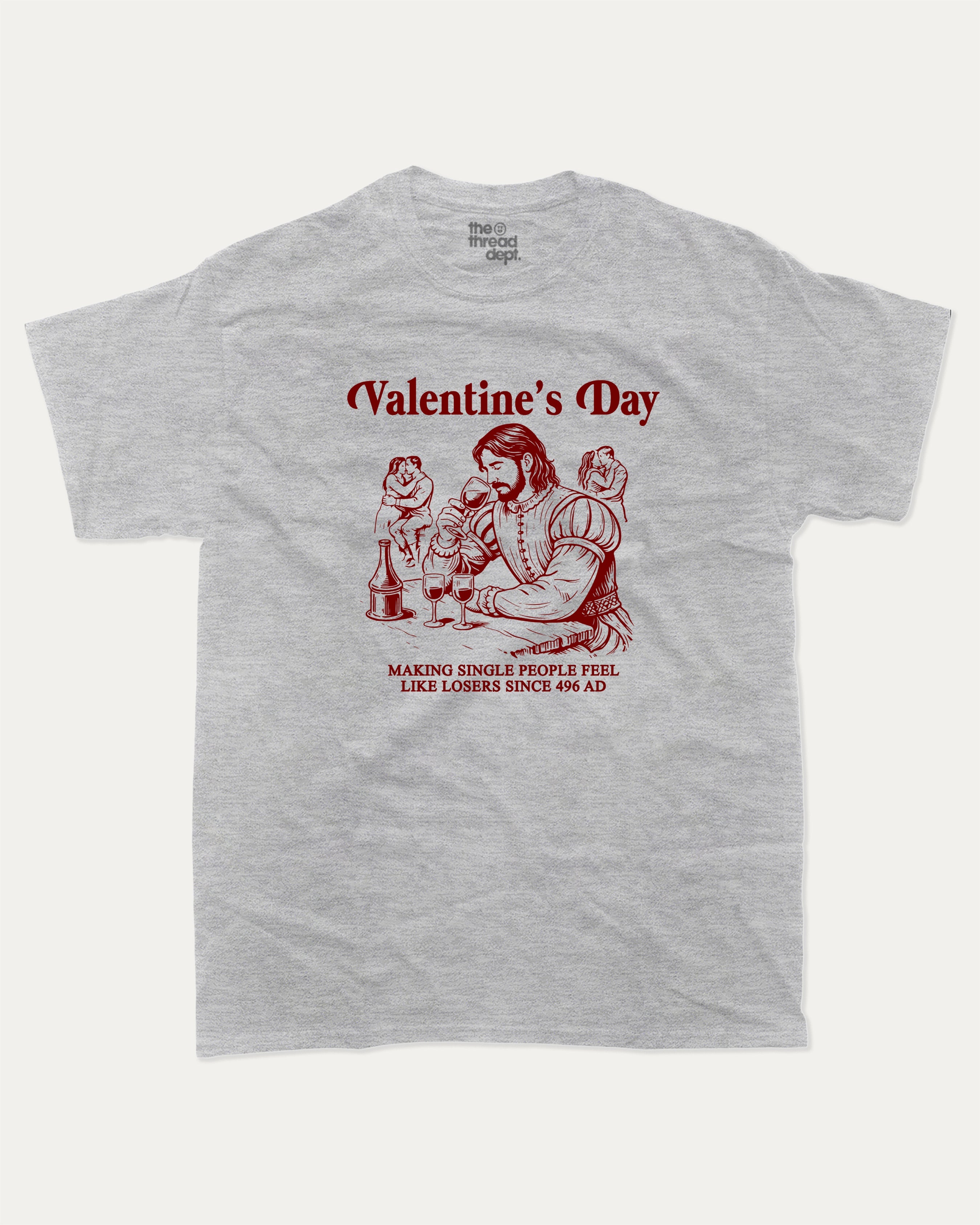 Valentine's Day graphic tee with funny valentine print, trendy love graphic. Perfect for Valentine's Day gift-giving. Heather Grey shirt.