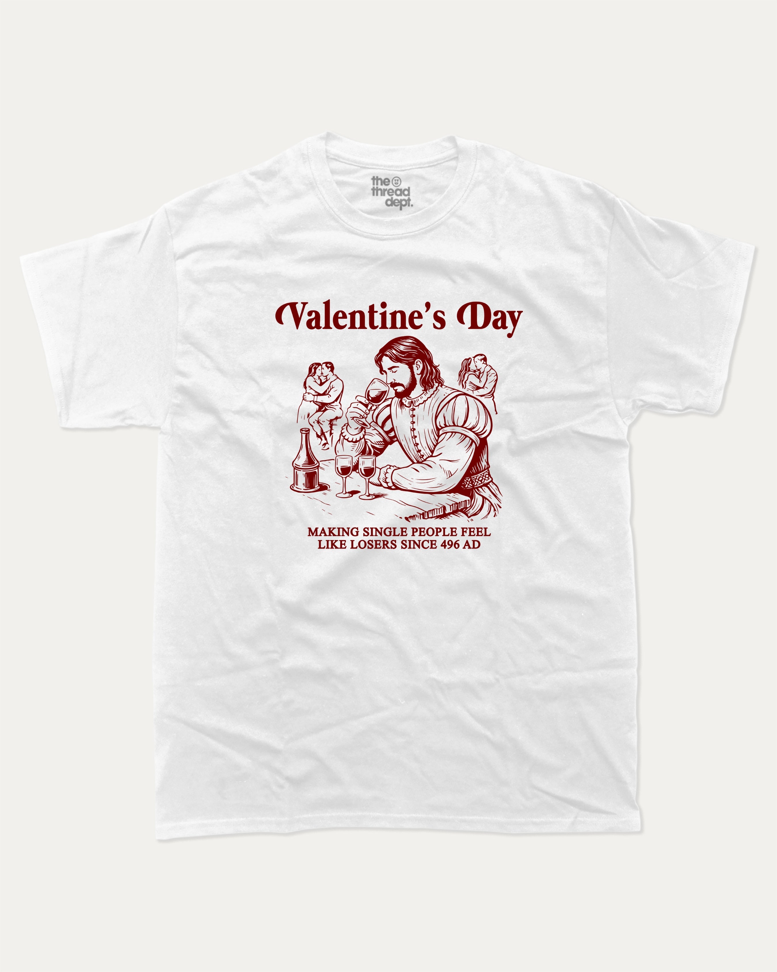 Valentine's Day graphic tee with funny valentine print, trendy love graphic. Perfect for Valentine's Day gift-giving. White shirt.
