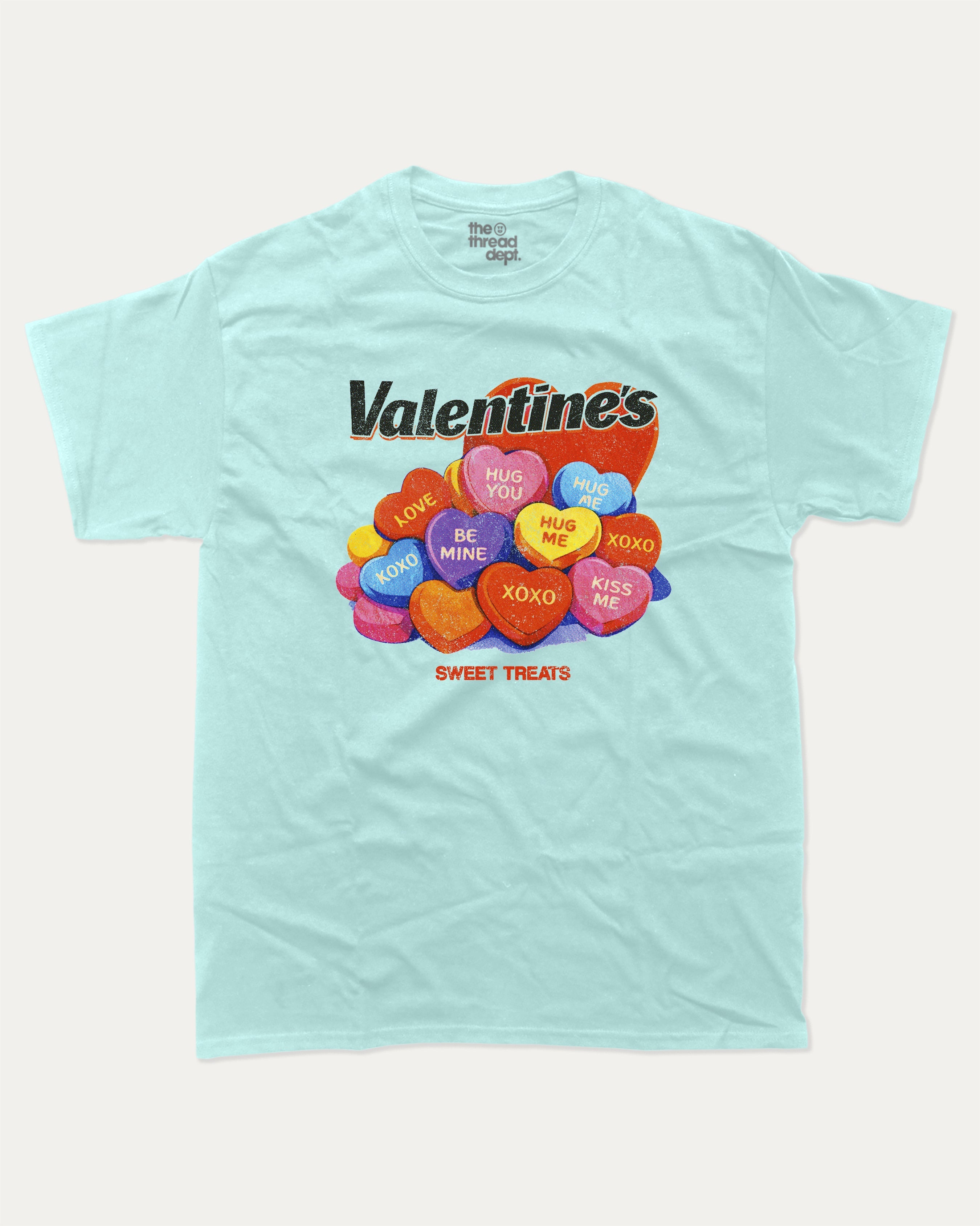 Valentine's Sweet Treats graphic tee with bold and humorous print, Perfect Gift for Valentine's Day, Valentine's Day Graphic T shirt, funny and trendy graphic. Perfect for adults and gift-giving. Celadon shirt.